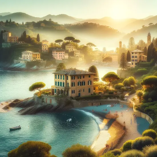 Malowniczy widok na włoską linię brzegową z małą willą nad morzem otoczoną bujną zielenią, z wschodzącym słońcem nad plażą i historycznymi włoskimi miasteczkami w tle.
